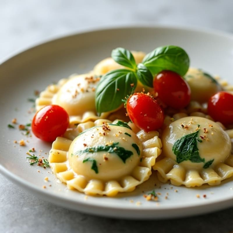 Creamy Spinach Ricotta Ravioli with Herb-Roasted Tomatoes
