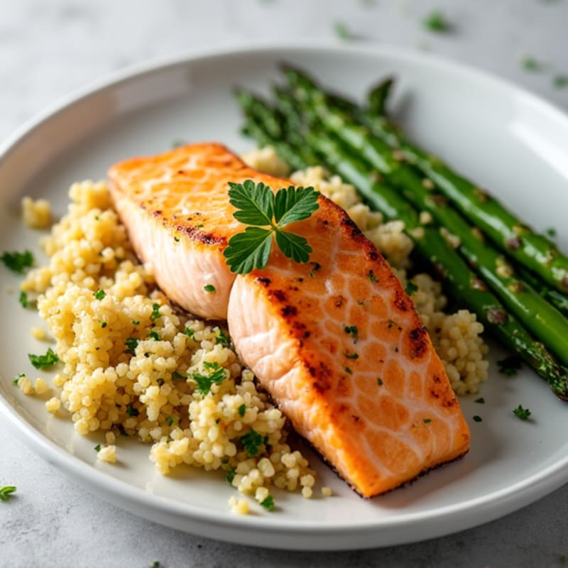 Seared Salmon with Lemon-Garlic Quinoa and Roasted Asparagus