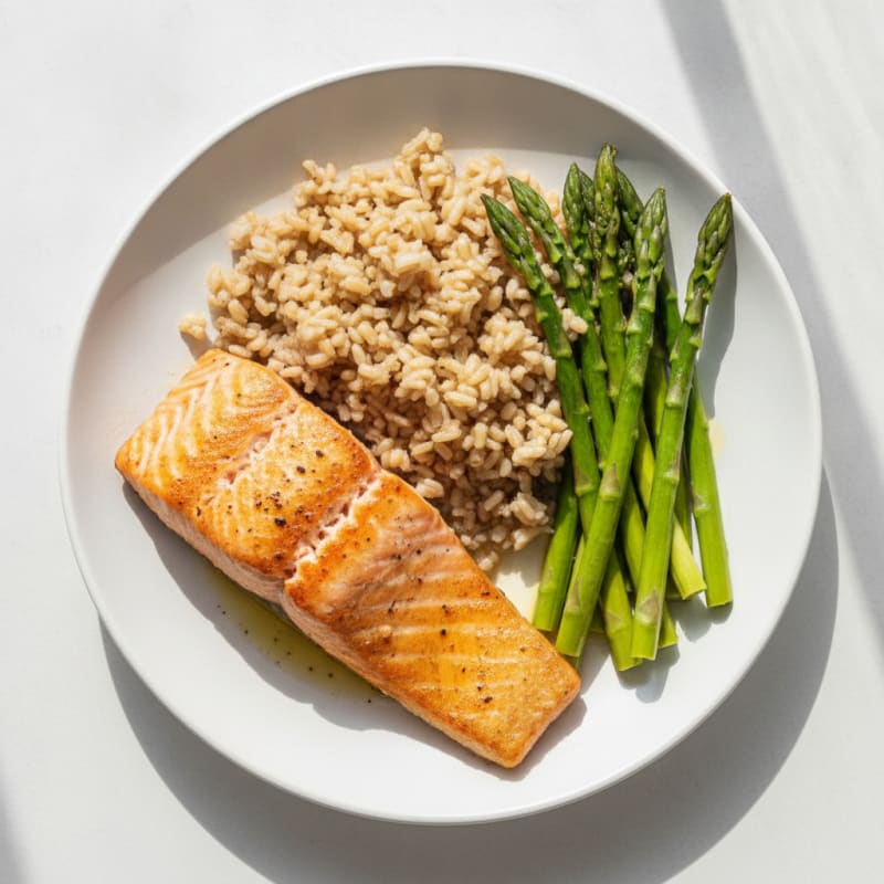 Seared Salmon with Steamed Asparagus and Brown Rice