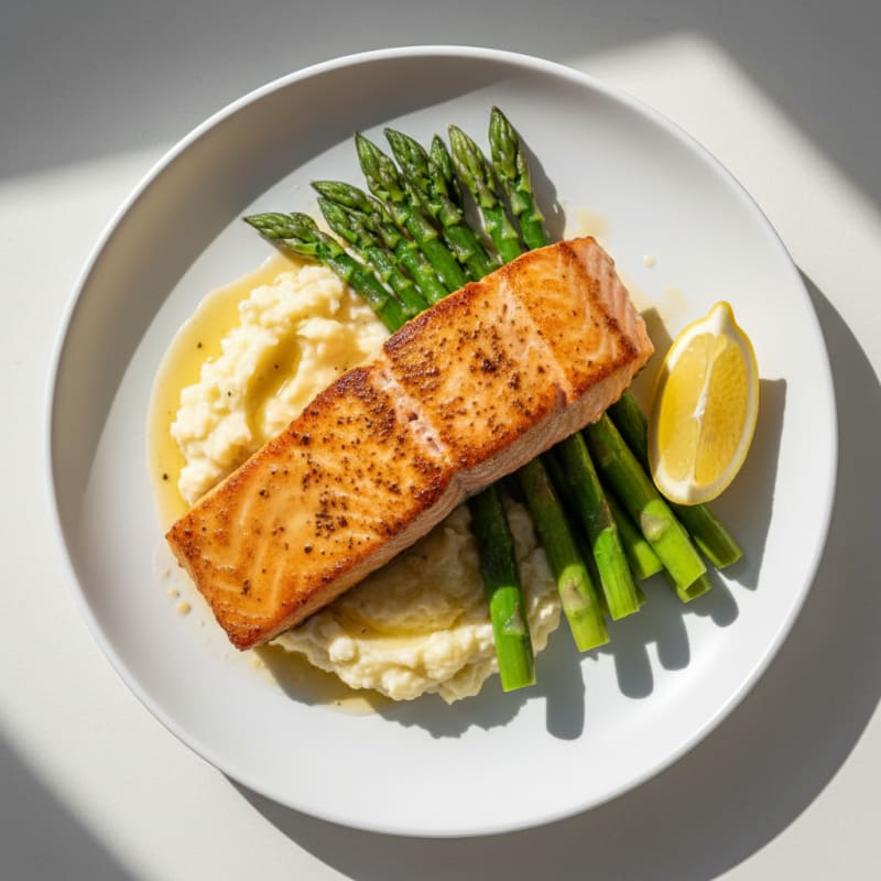 Seared Salmon with Steamed Asparagus and Mashed Cauliflower