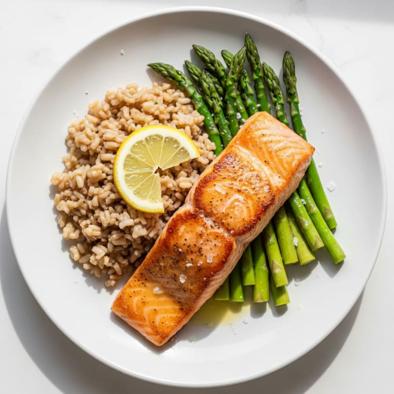 Seared Salmon Fillet with Steamed Asparagus and Brown Rice