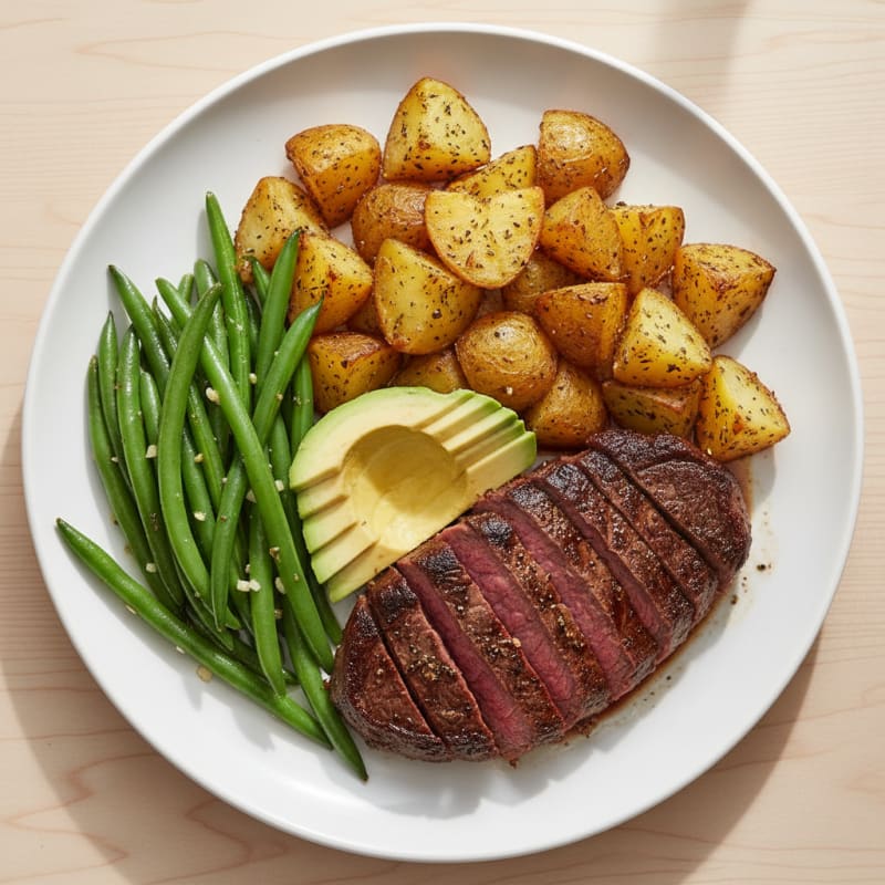 Seared Steak with Garlic Green Beans and Herb-Roasted Potatoes