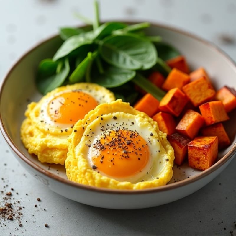 Fluffy Scrambled Eggs with Fresh Spinach and Roasted Sweet Potato