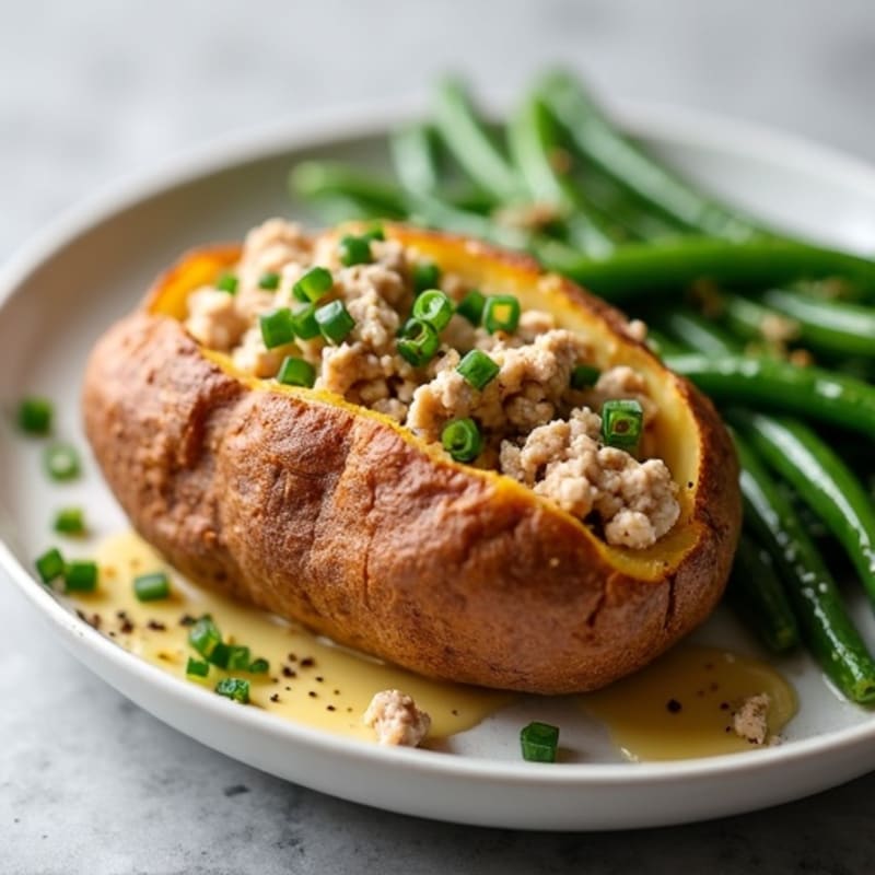 Crispy Baked Potato with Lean Ground Turkey and Roasted Green Beans