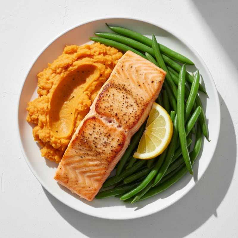 Seared Salmon with Steamed Green Beans and Sweet Potato Mash
