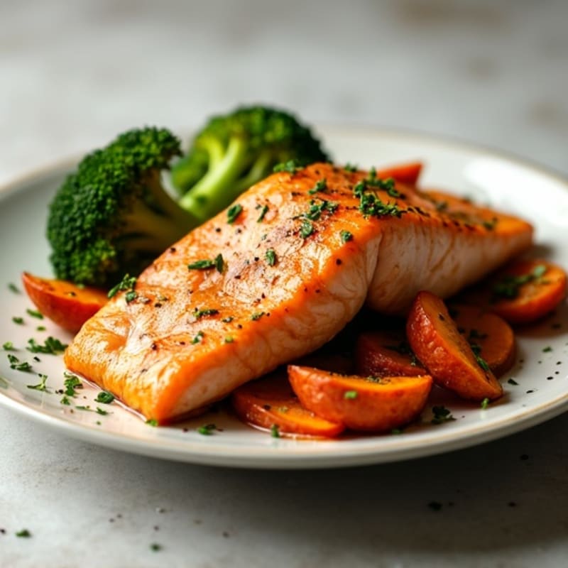 Crispy Salmon with Roasted Sweet Potatoes and Broccoli