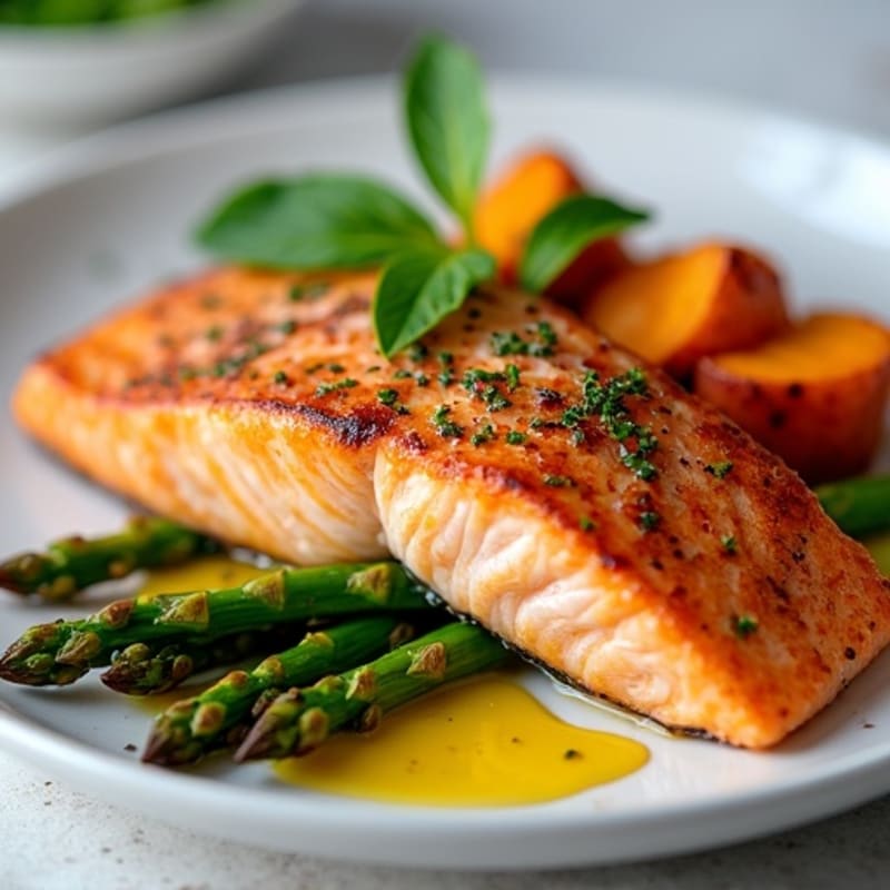 Seared Salmon with Roasted Sweet Potatoes and Asparagus