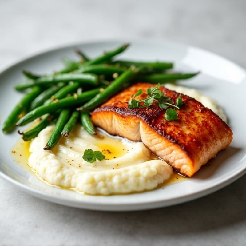 Seared Salmon Fillet with Garlic Green Beans and Cauliflower Mash