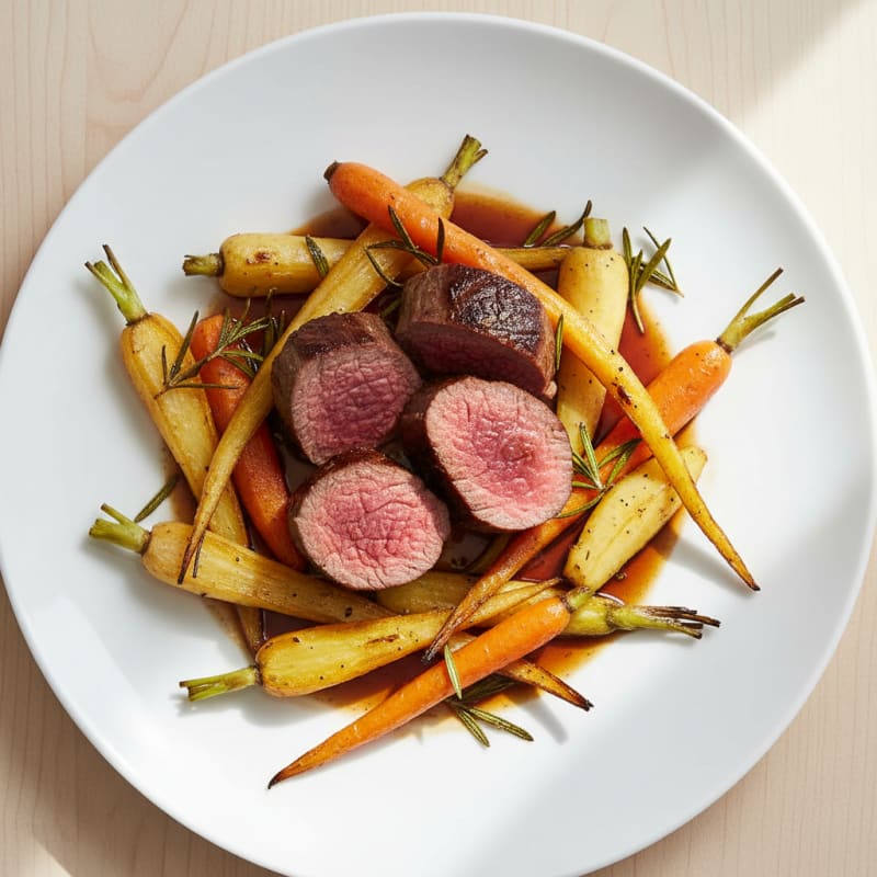 Seared Venison Steak with Roasted Root Vegetables