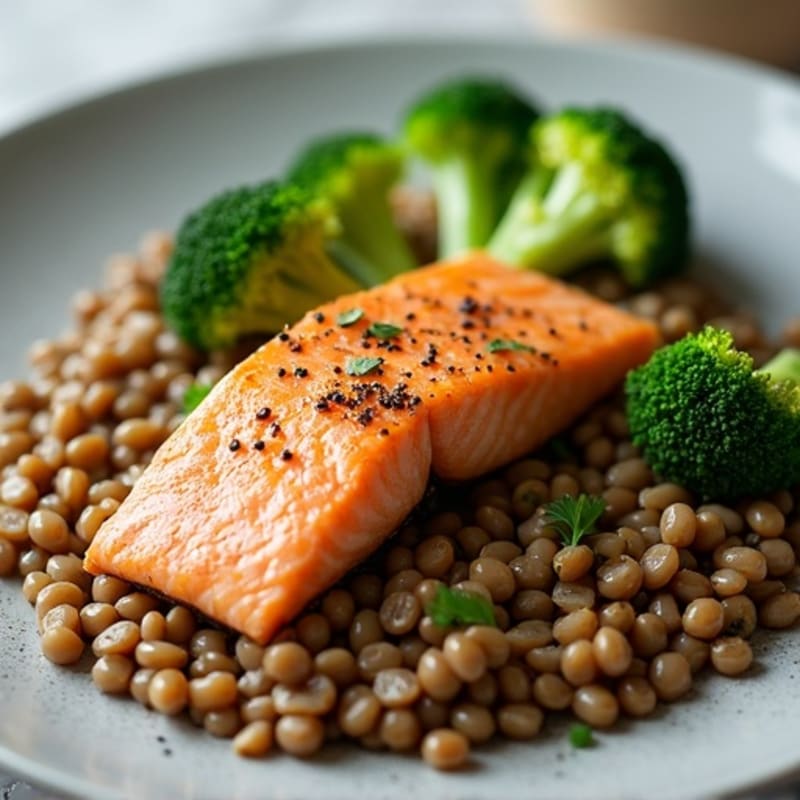 Seared Salmon with Steamed Broccoli and Lentil Pilaf