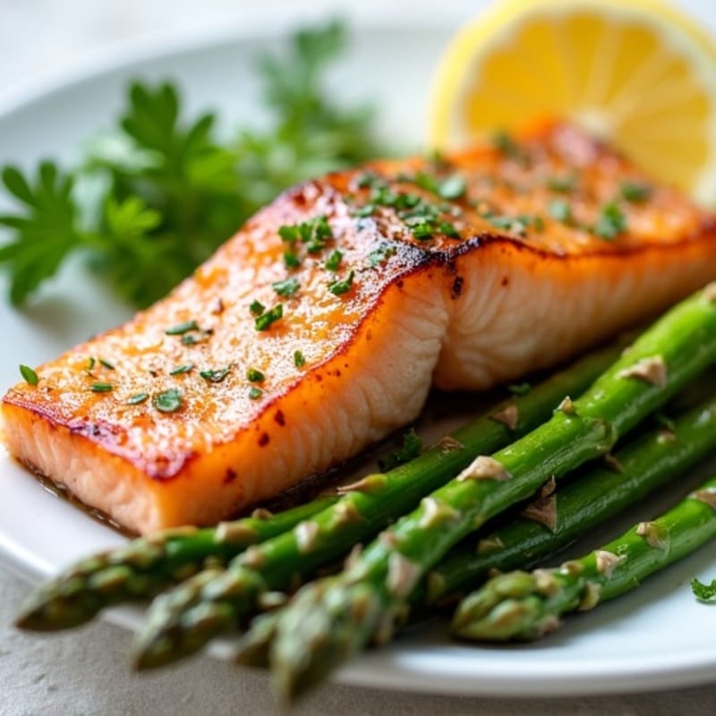 Seared Salmon Fillet with Steamed Asparagus and Lemon