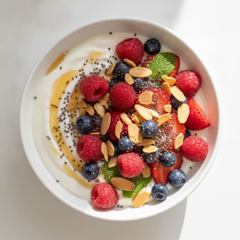 Greek Yogurt Berry Bowl with Toasted Almonds and Chia Seeds