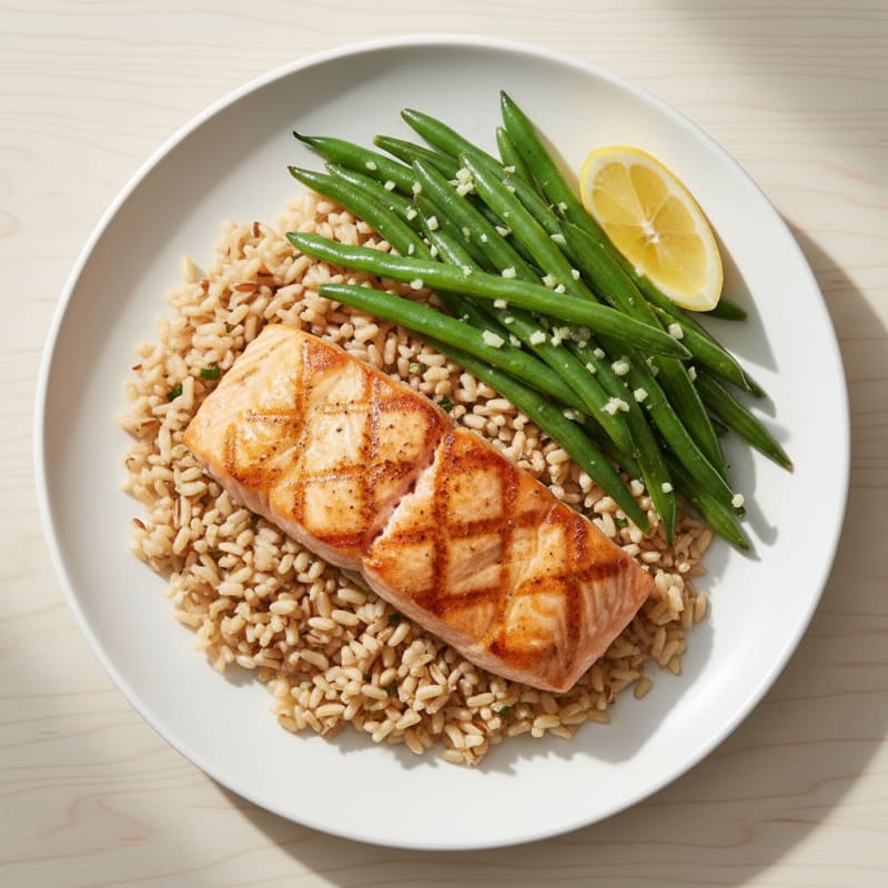 Seared Salmon with Garlic Green Beans and Brown Rice