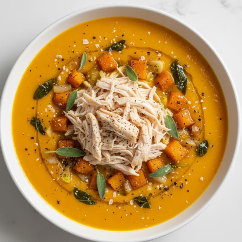 Roasted Pumpkin and Sage Soup with Shredded Chicken