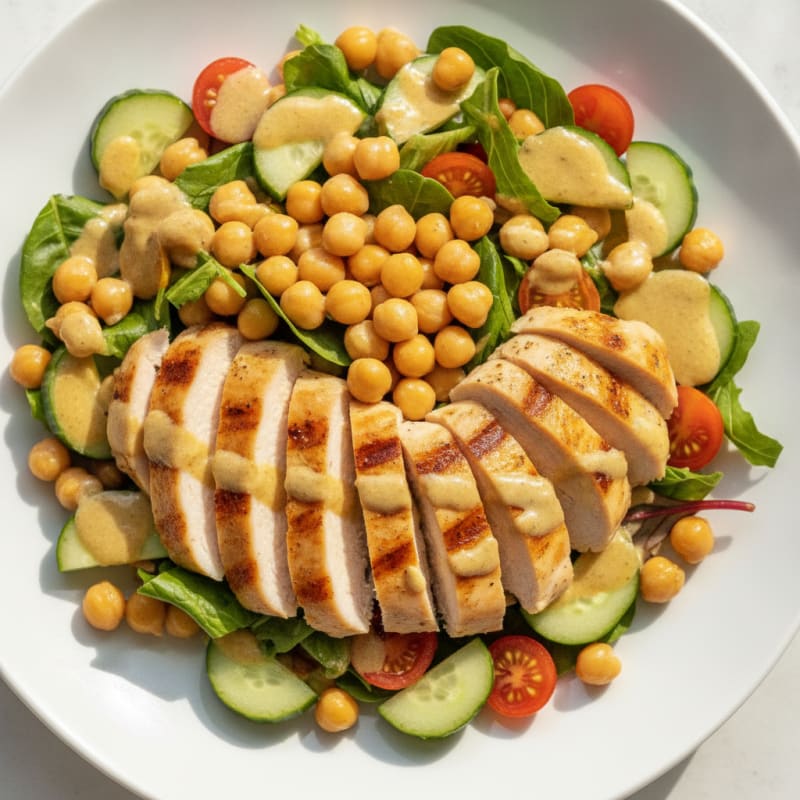 Grilled Chicken Breast Salad with Chickpeas and Lemon-Tahini Dressing