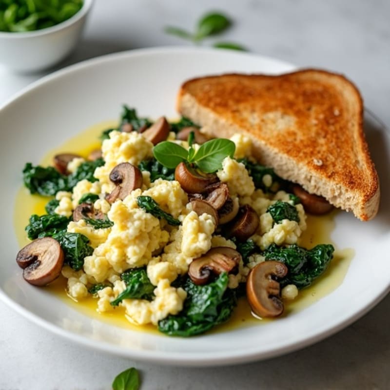 Egg White Spinach Scramble with Cottage Cheese, Sautéed Mushrooms & Whole Wheat Toast