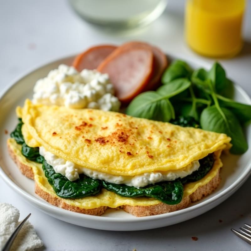 Egg White Spinach Omelet with Cottage Cheese and Sliced Turkey