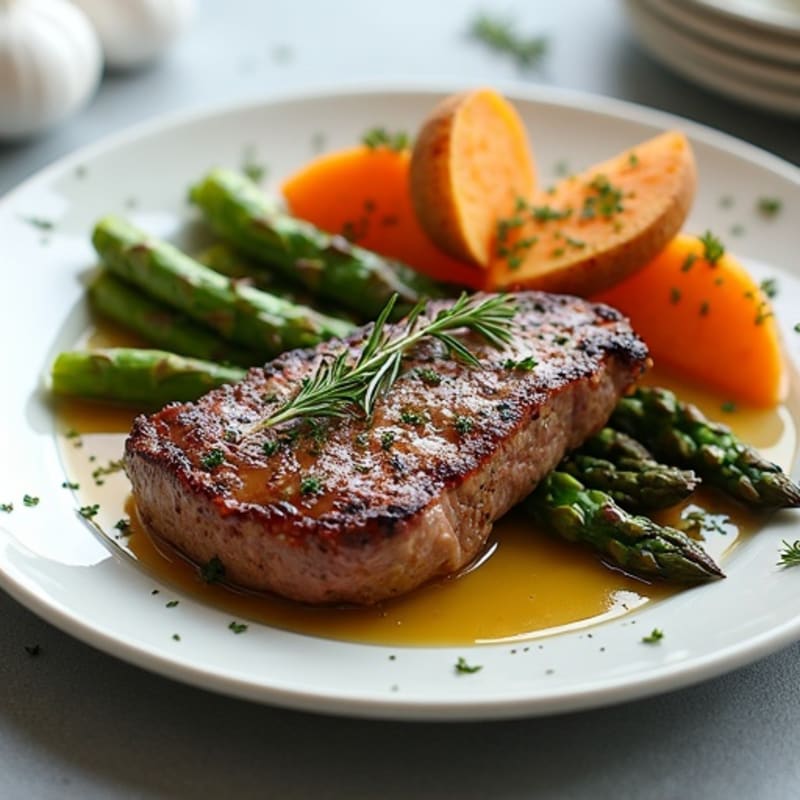 Garlic Herb Seared Beef with Roasted Asparagus and Sweet Potato