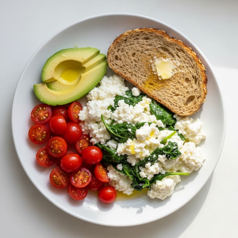 Egg White and Spinach Scramble with Cottage Cheese and Cherry Tomatoes