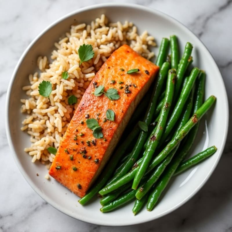 Seared Salmon with Garlic Green Beans and Brown Rice