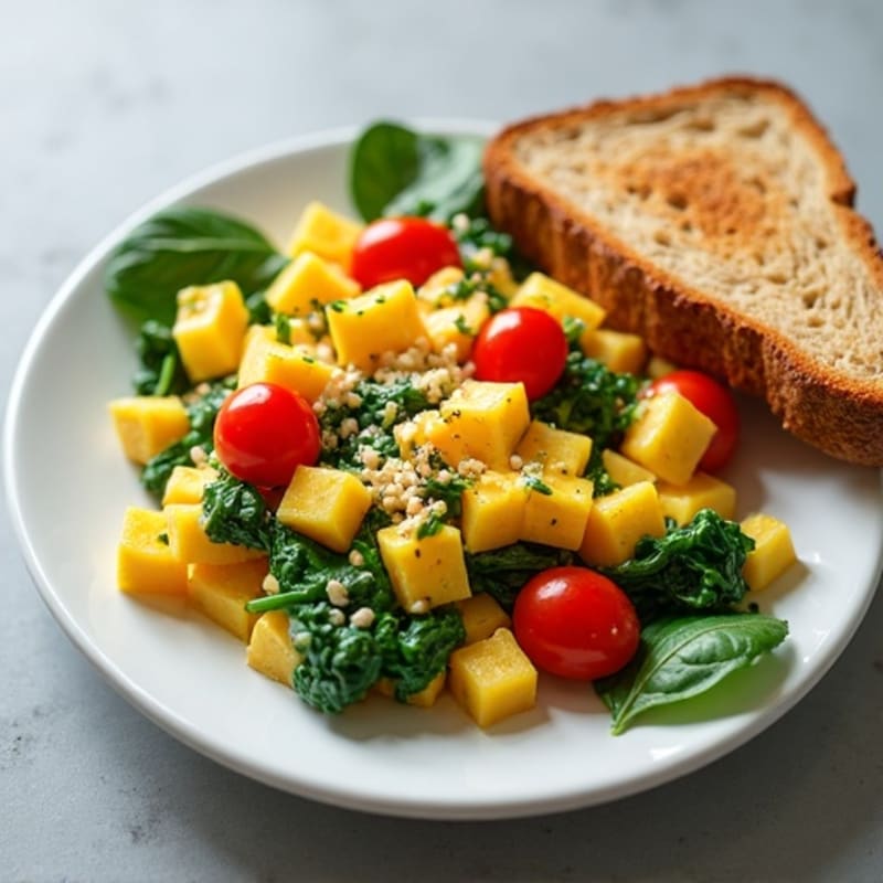 Cottage Cheese Scramble with Sautéed Spinach and Cherry Tomatoes