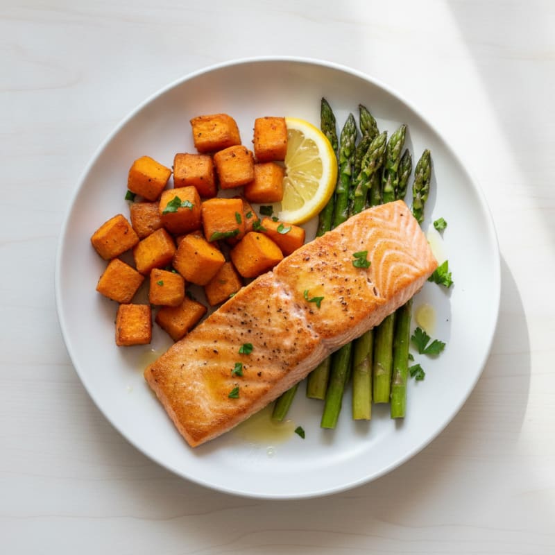 Seared Salmon Fillet with Roasted Sweet Potato and Asparagus
