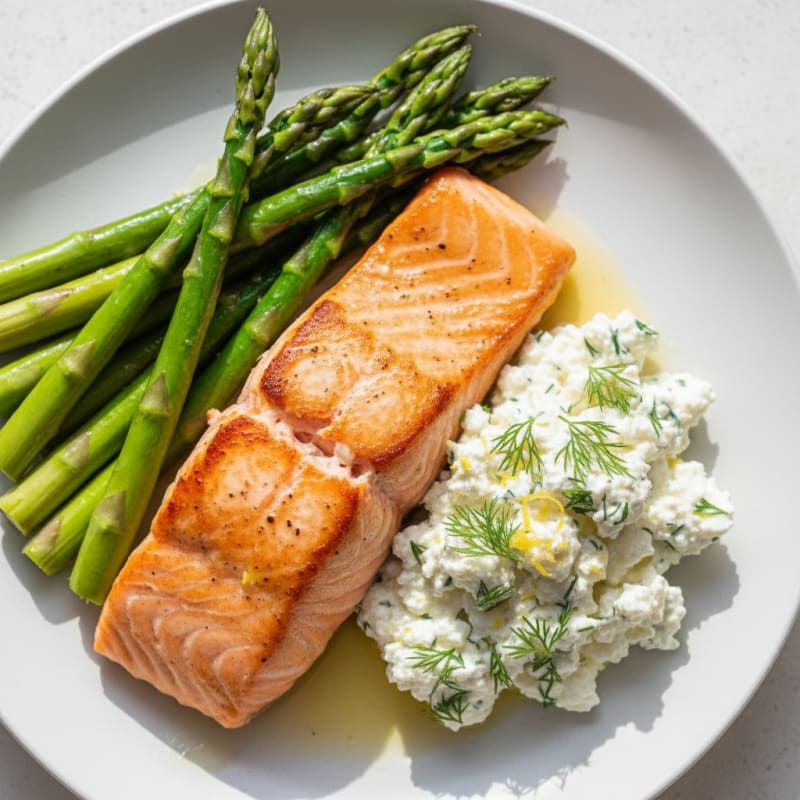 Seared Salmon Filet with Steamed Asparagus and Lemon-Dill Cottage Cheese