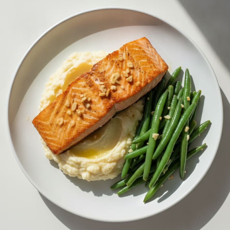 Seared Salmon with Garlic Green Beans and Mashed Cauliflower