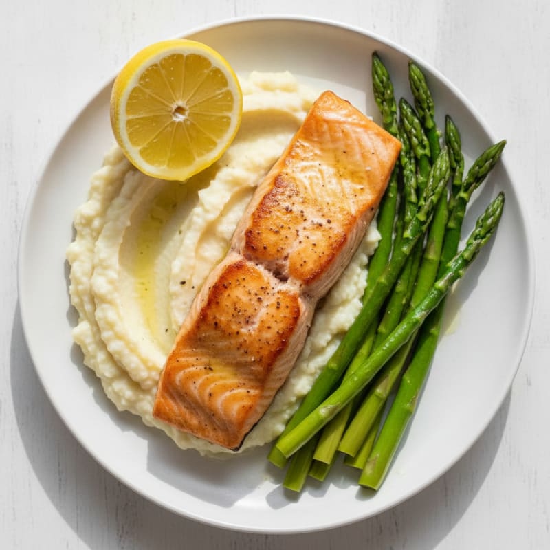 Seared Salmon with Steamed Asparagus and Garlic Cauliflower Mash