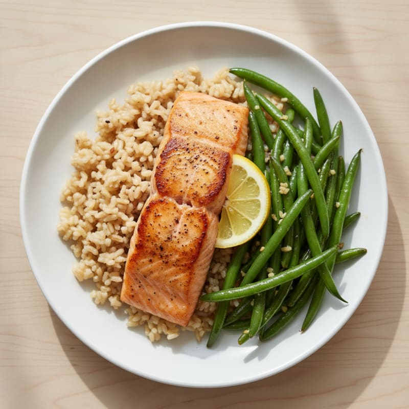 Seared Salmon Fillet with Garlic Green Beans and Brown Rice