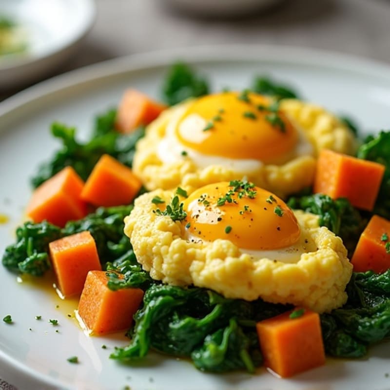 Scrambled Eggs with Roasted Sweet Potato and Spinach