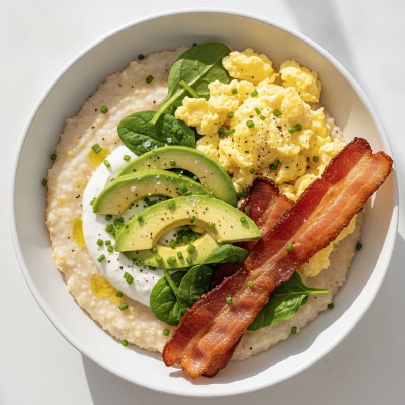 Grits Bowl with Scrambled Eggs and Bacon