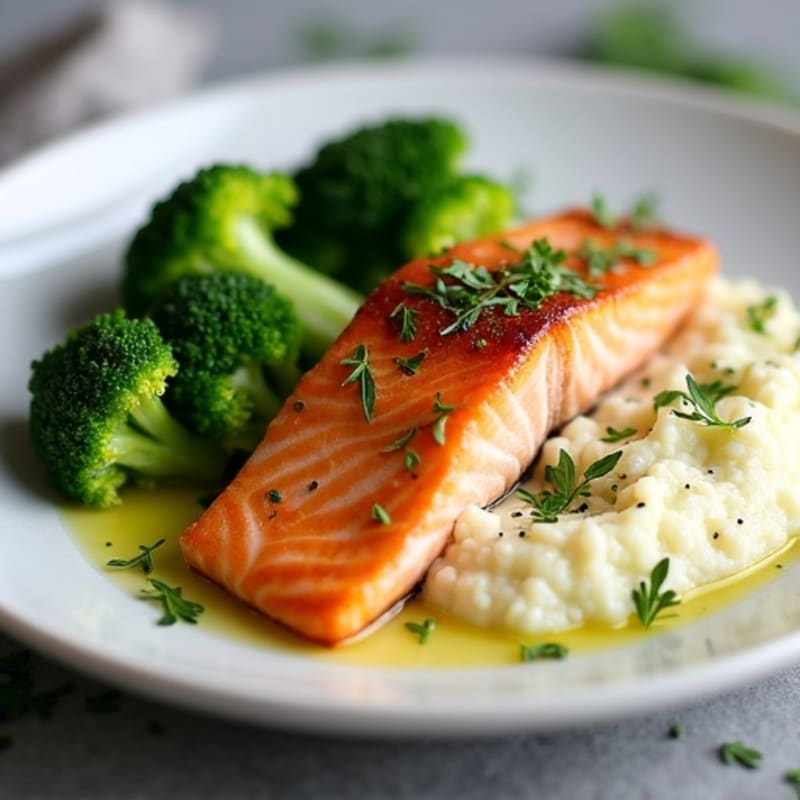 Seared Salmon Fillet with Steamed Broccoli and Herb-Cauliflower Mash