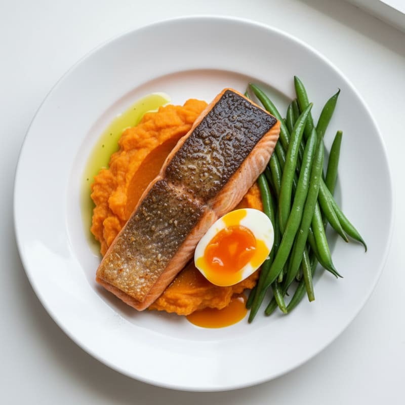 Seared Salmon with Steamed Green Beans and Sweet Potato Mash