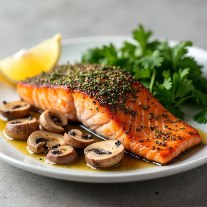 Herb-Crusted Pan Seared Salmon with Garlic Butter Mushrooms