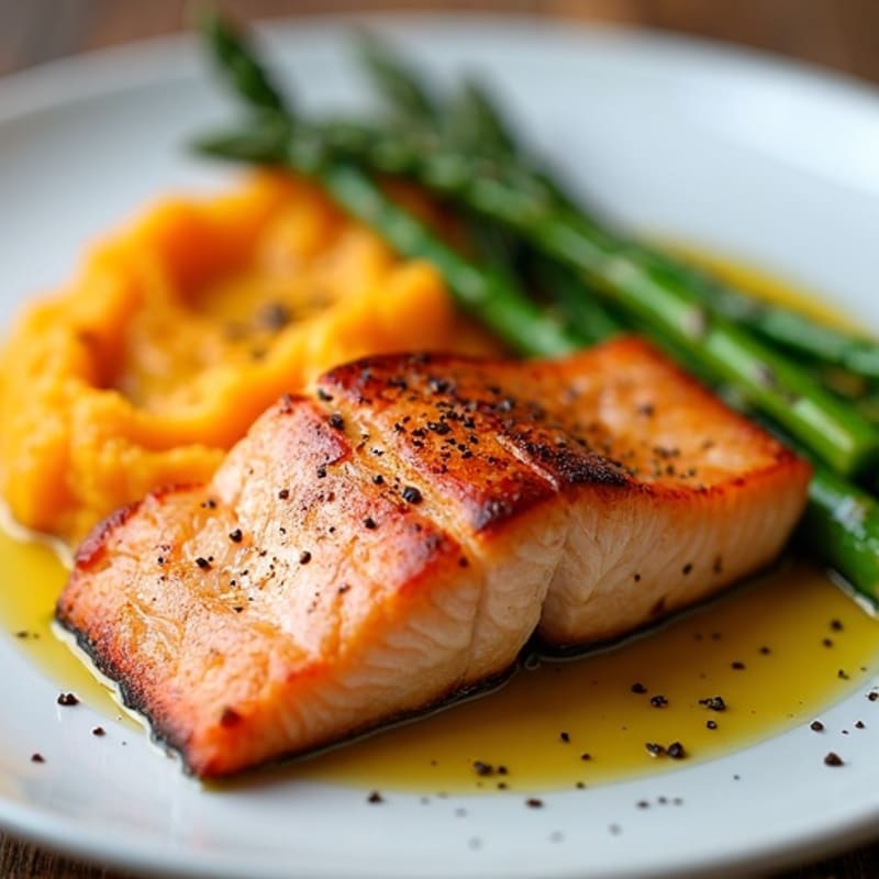 Seared Salmon Fillet with Roasted Asparagus and Sweet Potato Mash