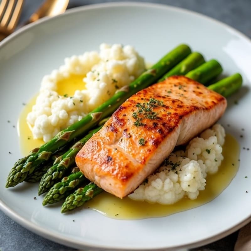 Seared Salmon with Steamed Asparagus and Cauliflower Mash