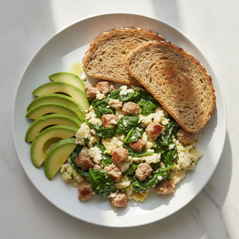 Egg White Scramble with Turkey Sausage and Sautéed Spinach