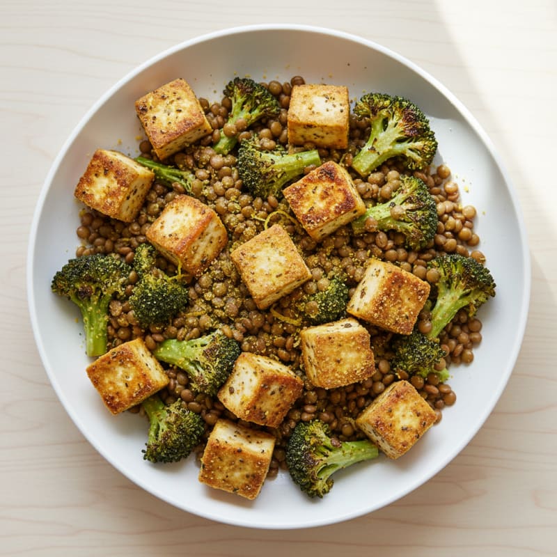 Crispy Tofu and Lentil Power Bowl with Roasted Broccoli