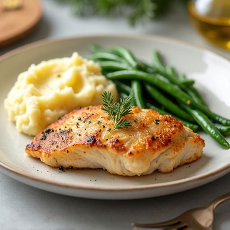 Pan-Seared Chicken with Creamy Buttery Garlic Mashed Potatoes and Roasted Green Beans