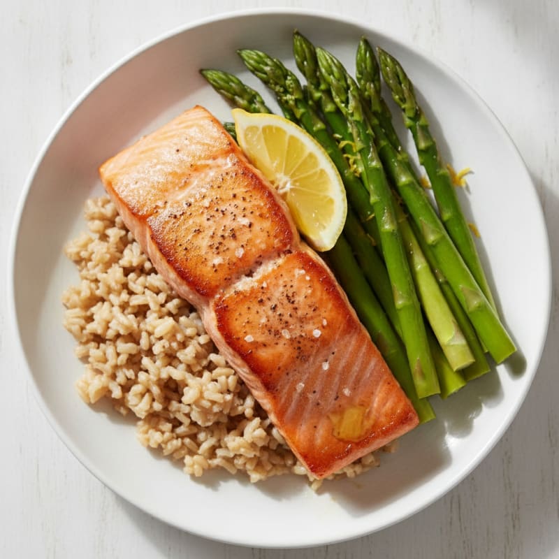 Seared Salmon with Steamed Asparagus and Brown Rice