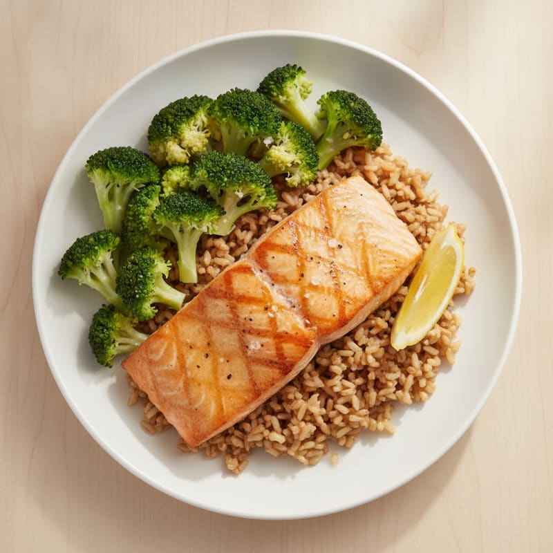 Seared Salmon with Steamed Broccoli and Brown Rice