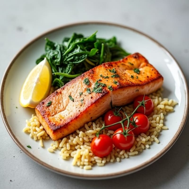 Pan-Seared Salmon with Lemon-Garlic Orzo, Burst Cherry Tomatoes, and Wilted Spinach