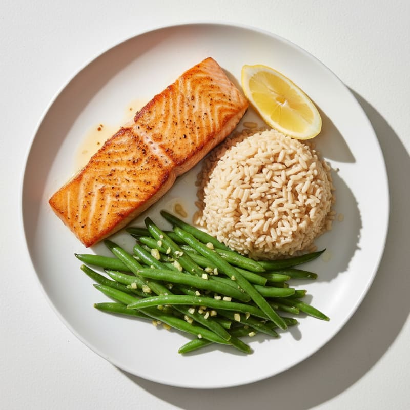Seared Salmon with Garlic Green Beans and Brown Rice