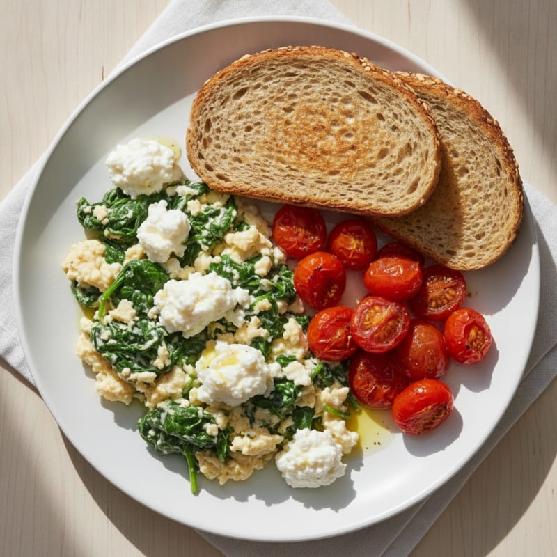Egg White and Spinach Scramble with Cottage Cheese and Cherry Tomatoes