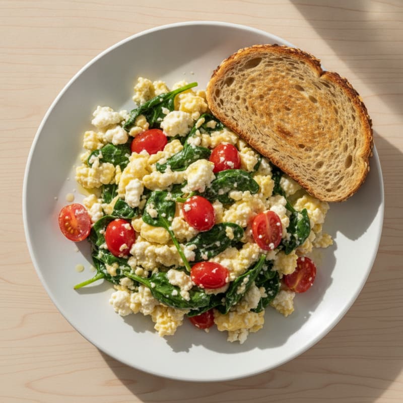 Cottage Cheese Egg Scramble with Spinach and Tomatoes