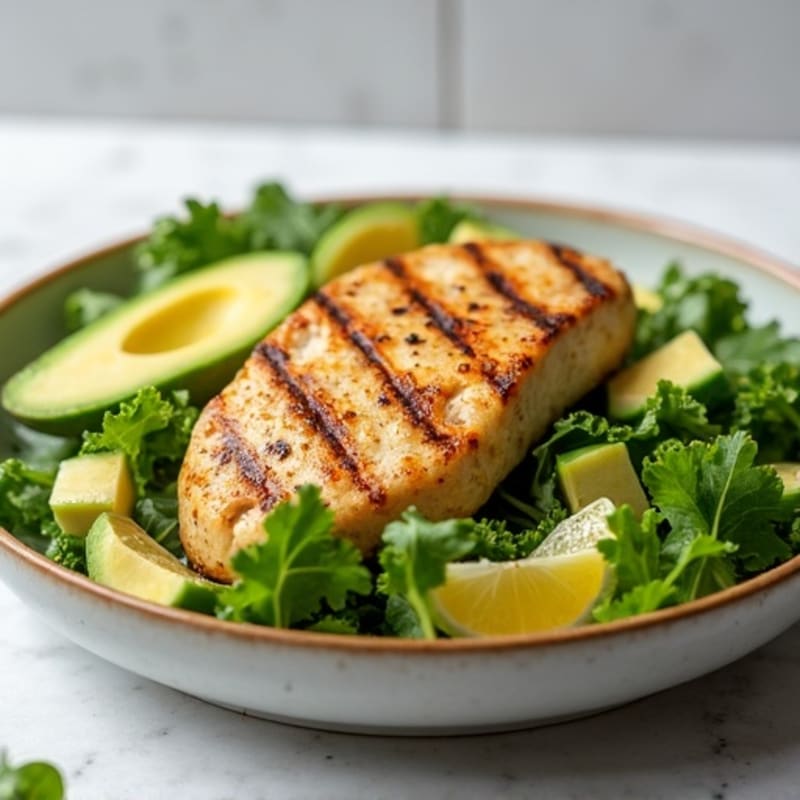 Grilled Chicken with Crispy Greens, Fresh Avocado, and Zesty Lemon Vinaigrette