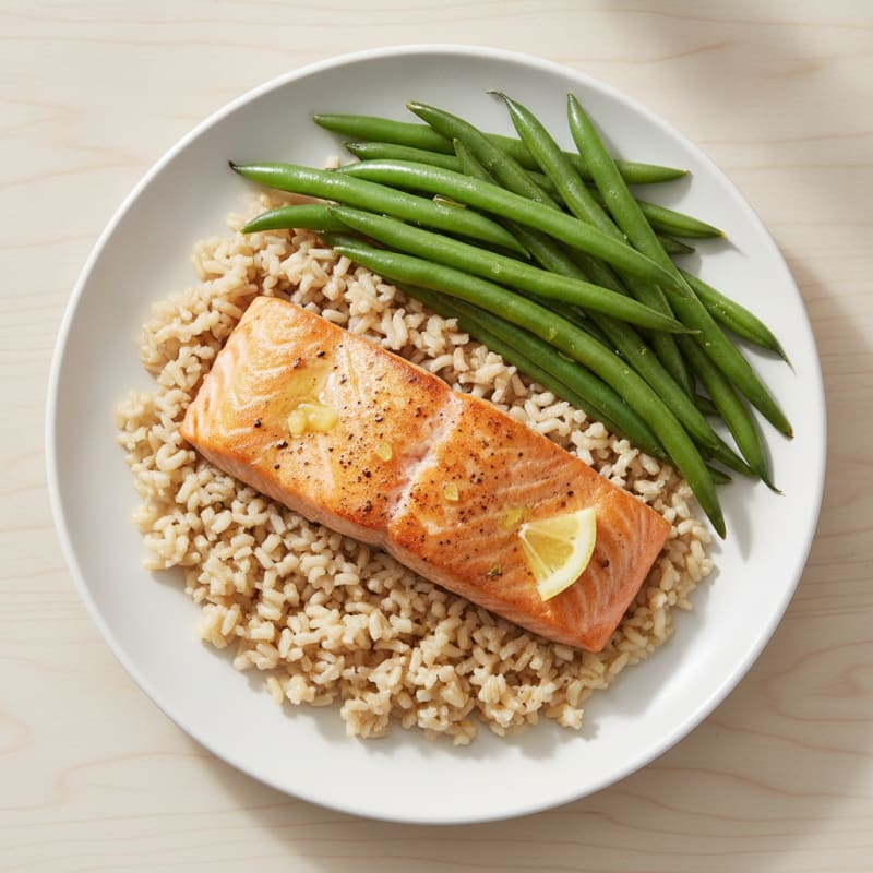 Seared Salmon with Steamed Green Beans and Brown Rice