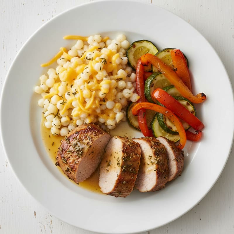 Herb-Roasted Pork with Cheesy Hominy and Roasted Vegetables
