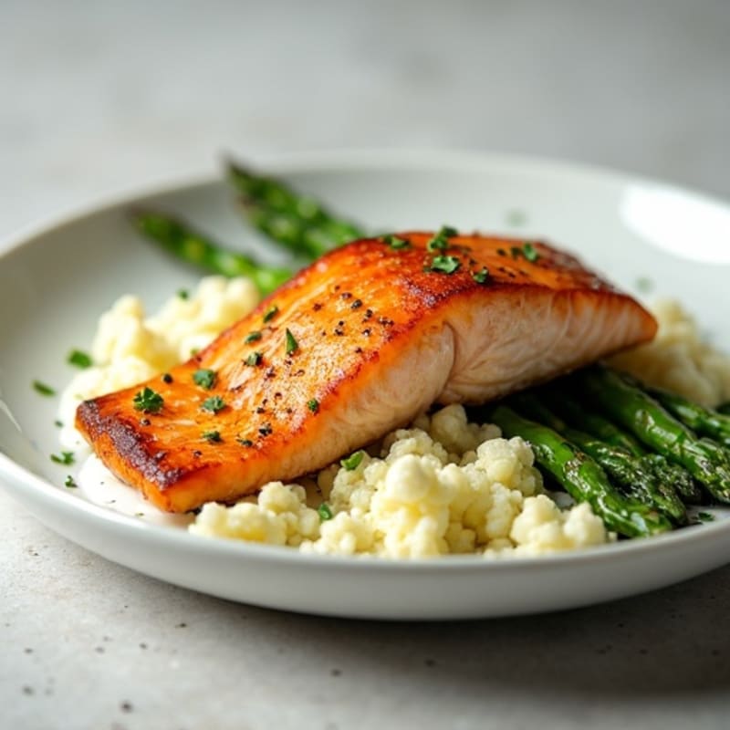 Seared Salmon with Asparagus and Garlic Mashed Cauliflower